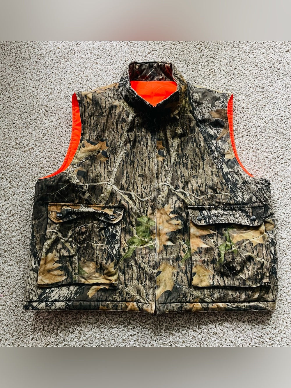 Mossy Oak Camo Hunting Vest with Bright Orange Lining